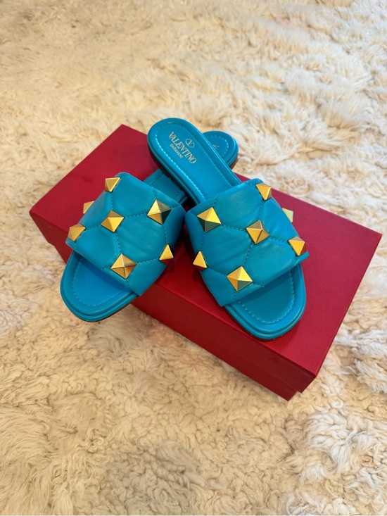 Valentino Shoes - Valentino Turquoise Roman Stud Slide Sandals - Size 38